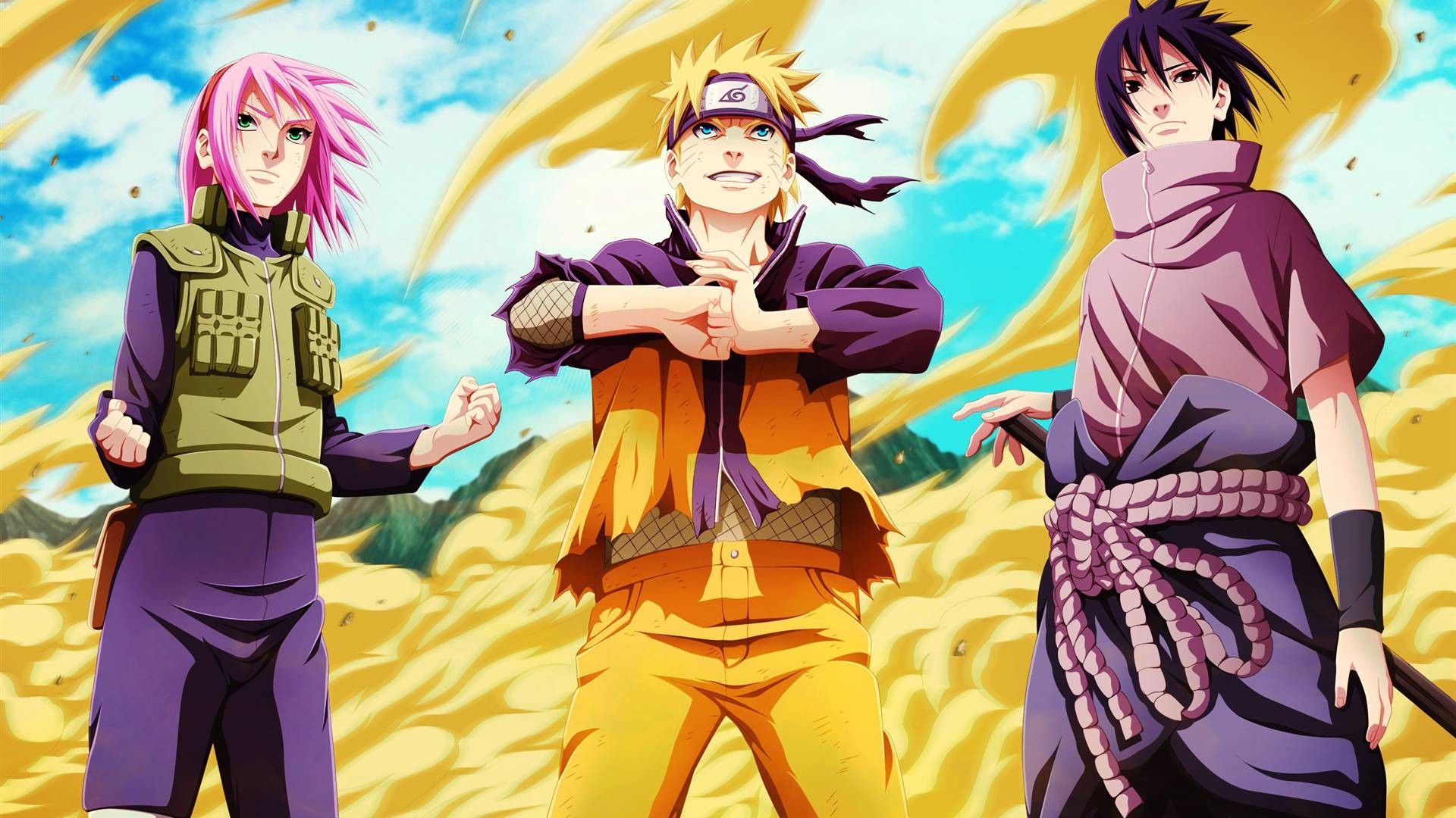 Naruto-Sakura-Sasuke posing in front of leaf village